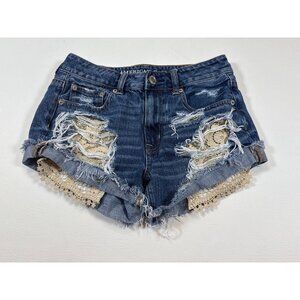 American Eagle Denim Lace Distressed Shorts High-Rise Size 2 (AA355)